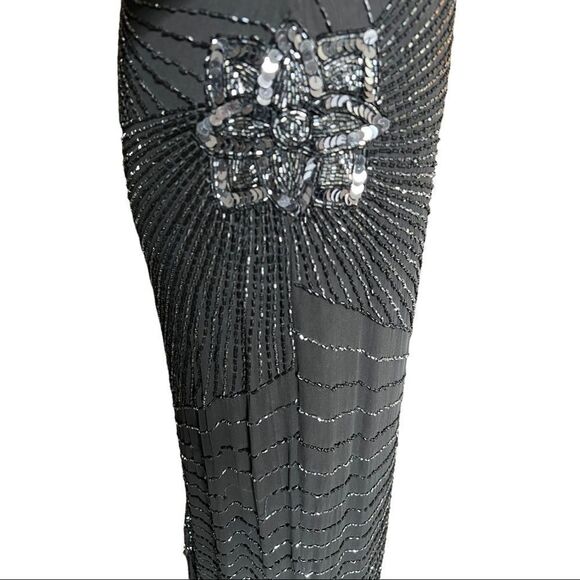 NWT Vintage BlackBeaded Long Evening Gown Cap Drape Sleeve Shoulder Pads Size 4 - Picture 7 of 16